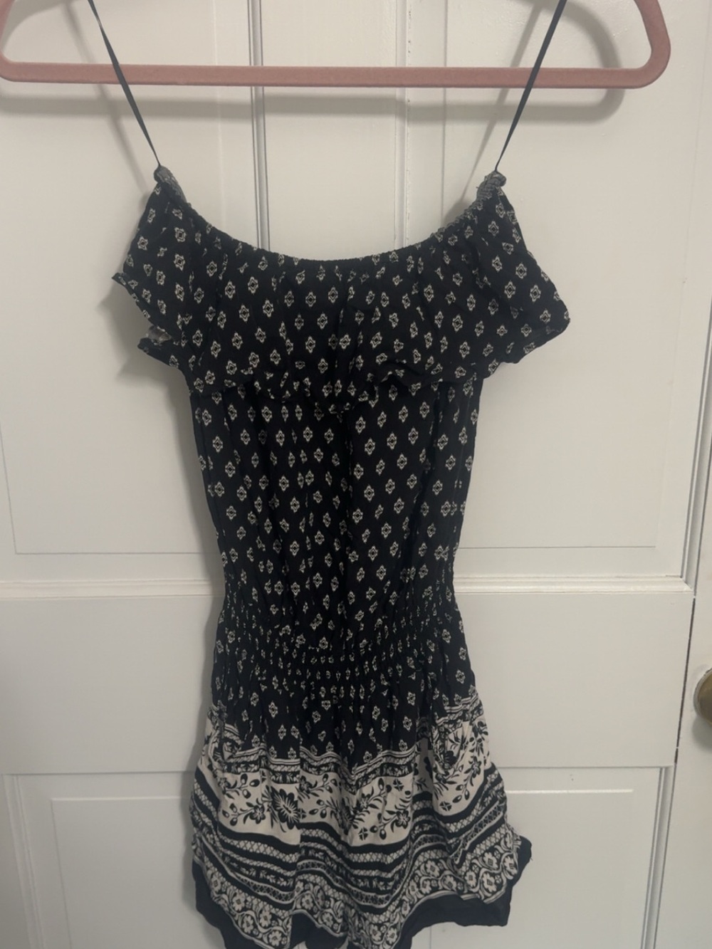 Black Printed Off-Shoulder Romper with Smocked Waist